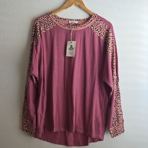 Easel Mauve and Leopard Long Sleeve Top